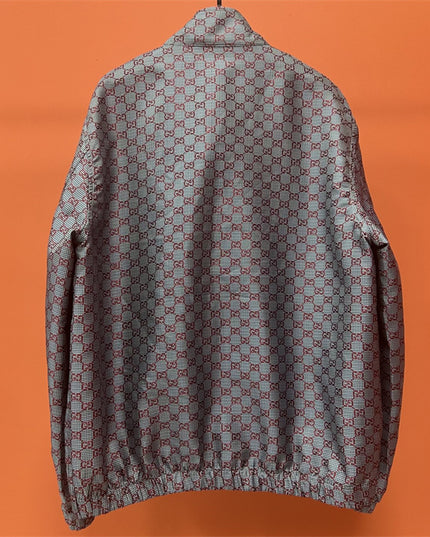 Gucci Jumbo GG Zip Jacket with Web Trim (Grey & Red Monogram)