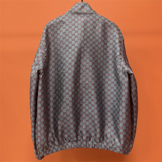 Gucci Jumbo GG Zip Jacket with Web Trim (Grey & Red Monogram)