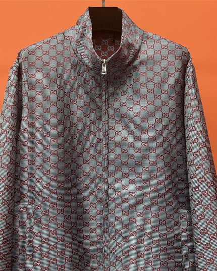 Gucci Jumbo GG Zip Jacket with Web Trim (Grey & Red Monogram)