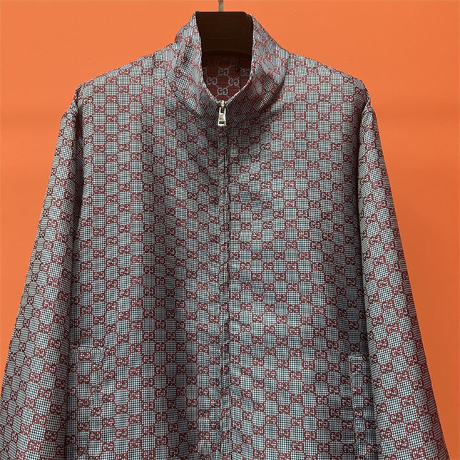 Gucci Jumbo GG Zip Jacket with Web Trim (Grey & Red Monogram)