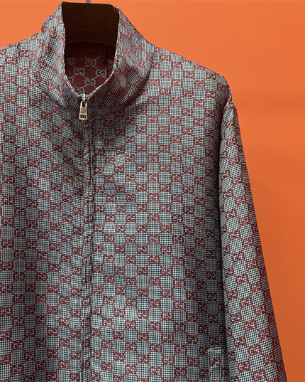 Gucci Jumbo GG Zip Jacket with Web Trim (Grey & Red Monogram)