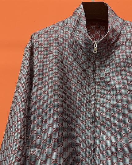 Gucci Jumbo GG Zip Jacket with Web Trim (Grey & Red Monogram)