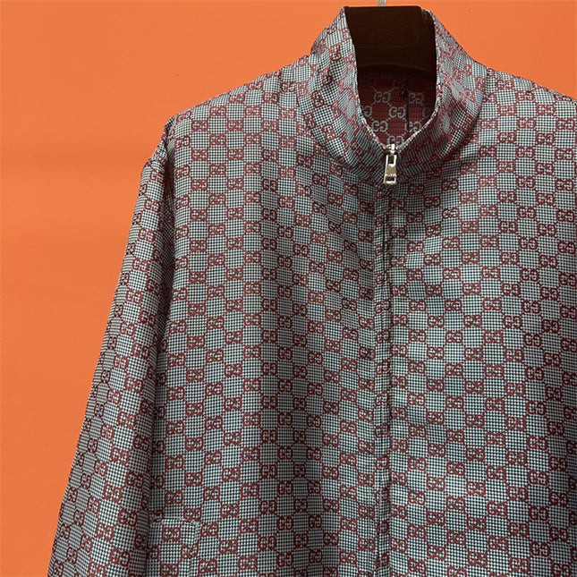 Gucci Jumbo GG Zip Jacket with Web Trim (Grey & Red Monogram)