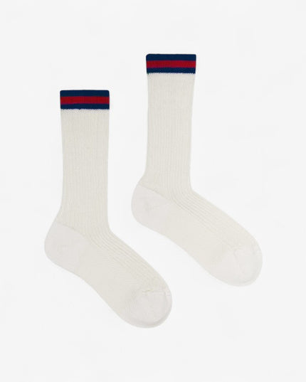 Gucci Kids White Ribbed Cotton Socks with Blue & Red Web Trim