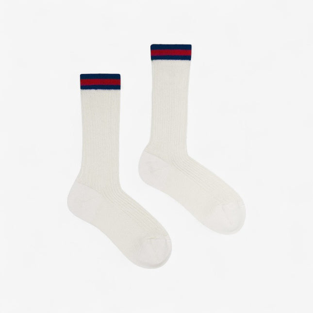 Gucci Kids White Ribbed Cotton Socks with Blue & Red Web Trim