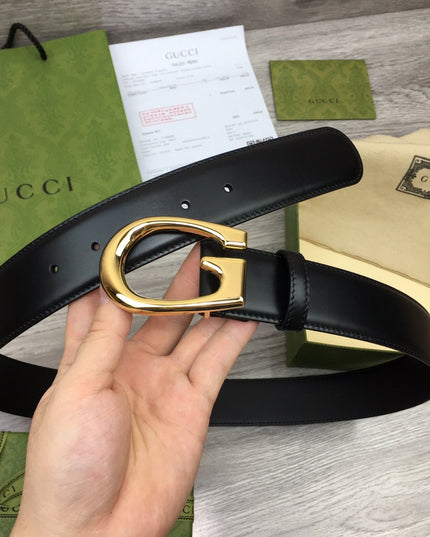 Gucci Leather Belt – Gold G Buckle in Black