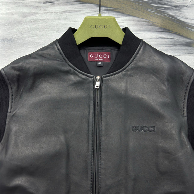 Gucci Leather Bomber Jacket with Web (Black)