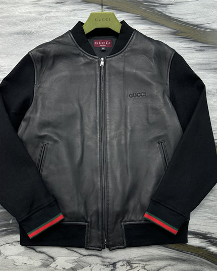 Gucci Leather Bomber Jacket with Web (Black)