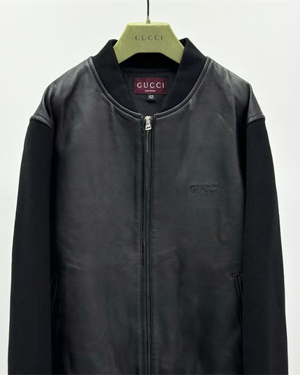 Gucci Leather Bomber Jacket with Web (Black)