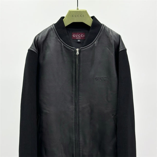 Gucci Leather Bomber Jacket with Web (Black)