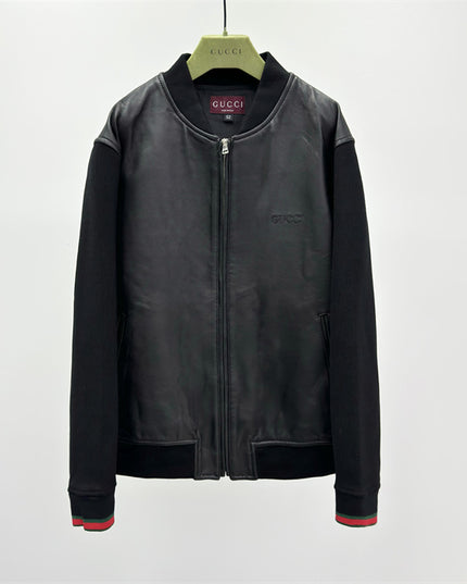 Gucci Leather Bomber Jacket with Web (Black)