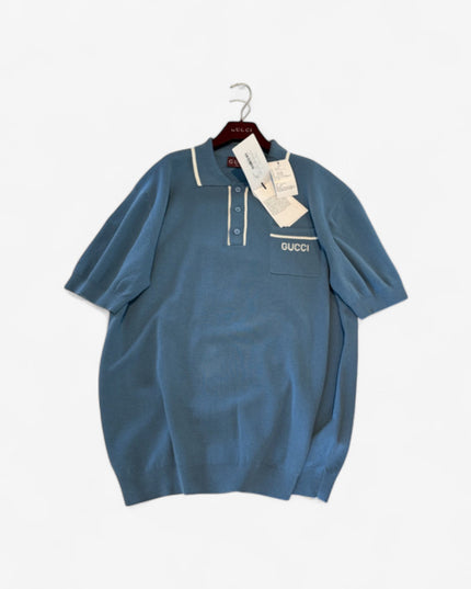 Gucci Light Blue Cotton Knit Polo Sweater Shirt