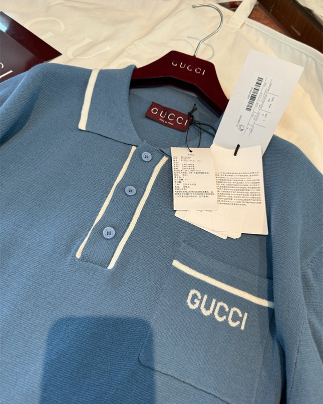 Gucci Light Blue Cotton Knit Polo Sweater Shirt