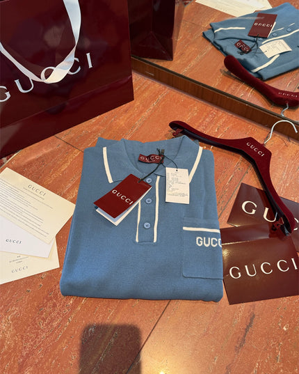 Gucci Light Blue Cotton Knit Polo Sweater Shirt