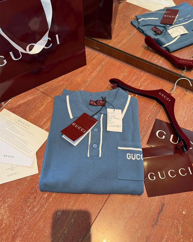 Gucci Light Blue Cotton Knit Polo Sweater Shirt