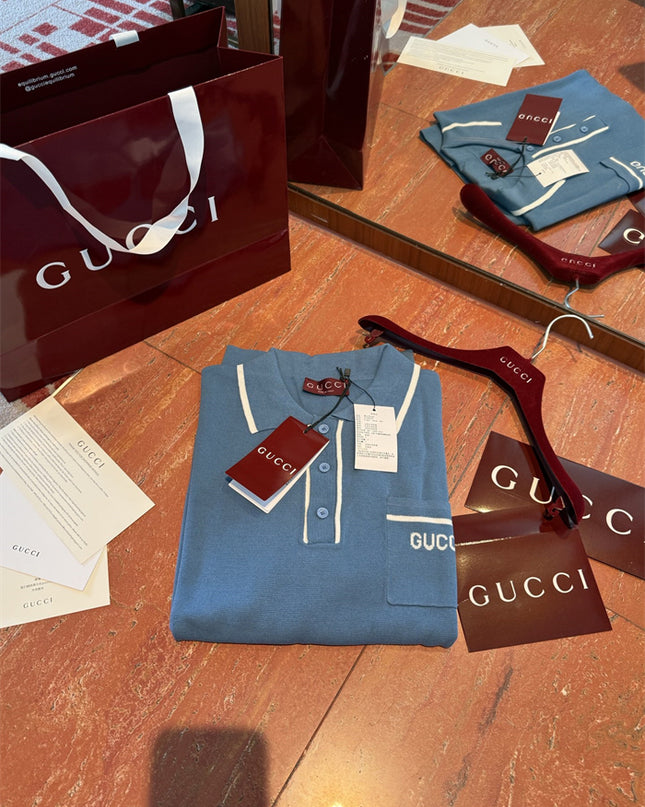 Gucci Light Blue Cotton Knit Polo Sweater Shirt