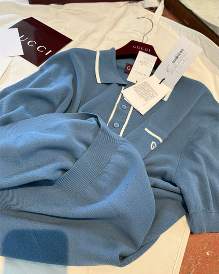 Gucci Light Blue Cotton Knit Polo Sweater Shirt