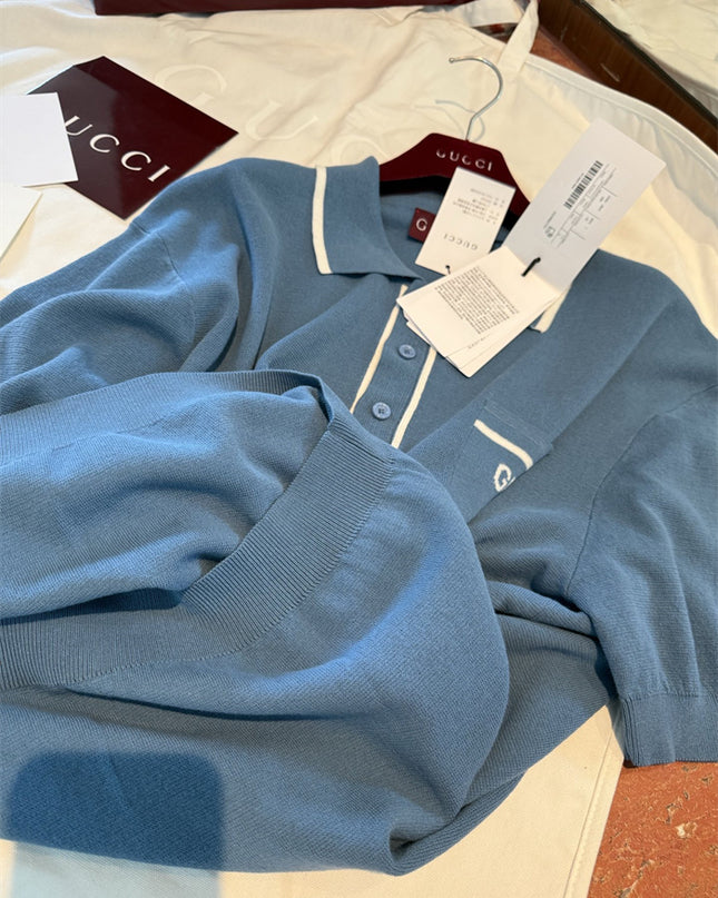 Gucci Light Blue Cotton Knit Polo Sweater Shirt