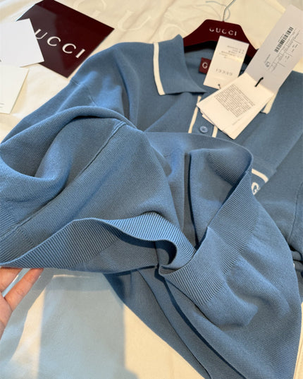 Gucci Light Blue Cotton Knit Polo Sweater Shirt