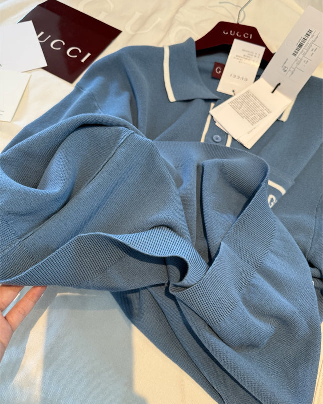 Gucci Light Blue Cotton Knit Polo Sweater Shirt