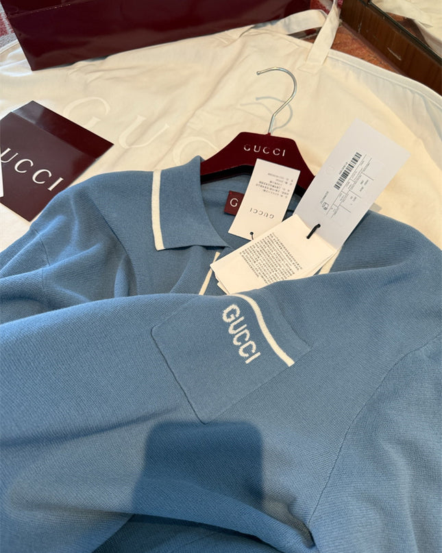 Gucci Light Blue Cotton Knit Polo Sweater Shirt