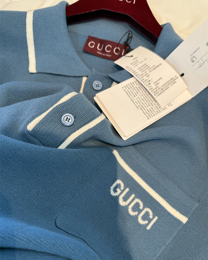 Gucci Light Blue Cotton Knit Polo Sweater Shirt