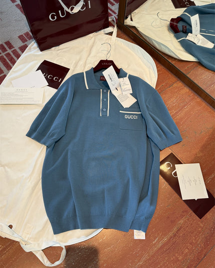 Gucci Light Blue Cotton Knit Polo Sweater Shirt