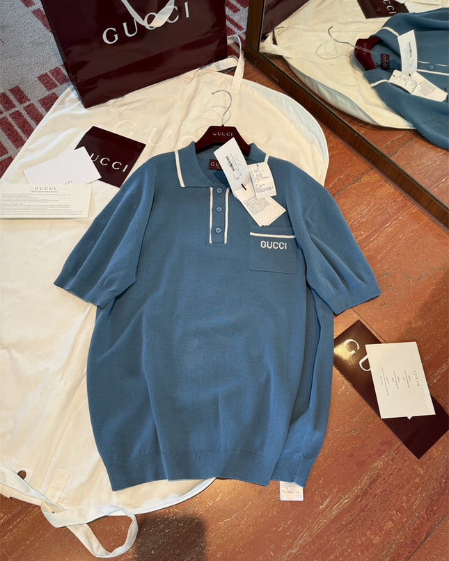 Gucci Light Blue Cotton Knit Polo Sweater Shirt