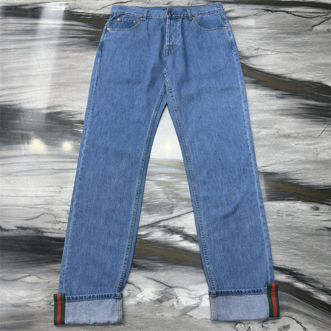 Gucci Light Blue Denim Jeans with Web Cuff Detail
