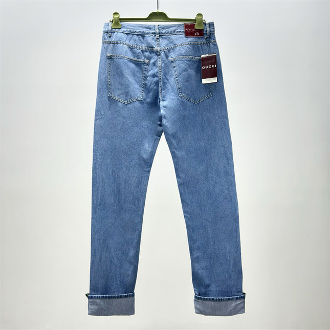 Gucci Light Blue Denim Jeans with Web Cuff Detail
