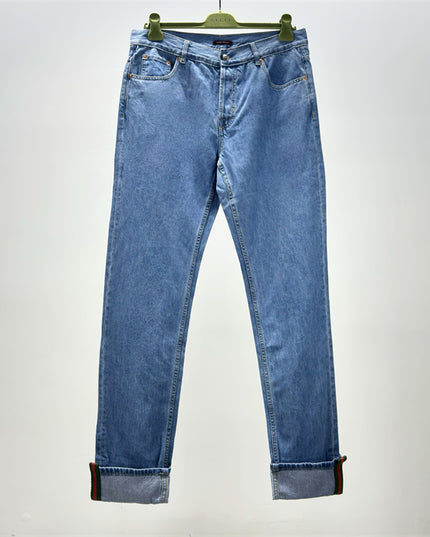 Gucci Light Blue Denim Jeans with Web Cuff Detail