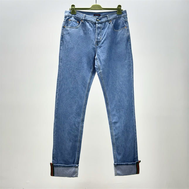 Gucci Light Blue Denim Jeans with Web Cuff Detail