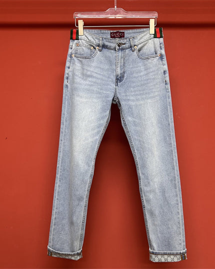 Gucci Light Wash Jeans with GG Cuff & Web Detail