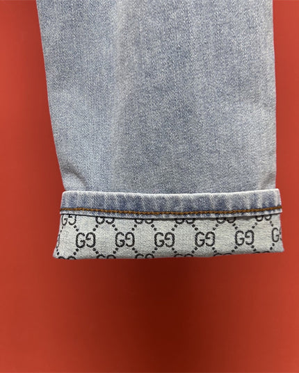 Gucci Light Wash Jeans with GG Cuff & Web Detail