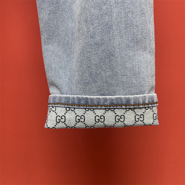 Gucci Light Wash Jeans with GG Cuff & Web Detail