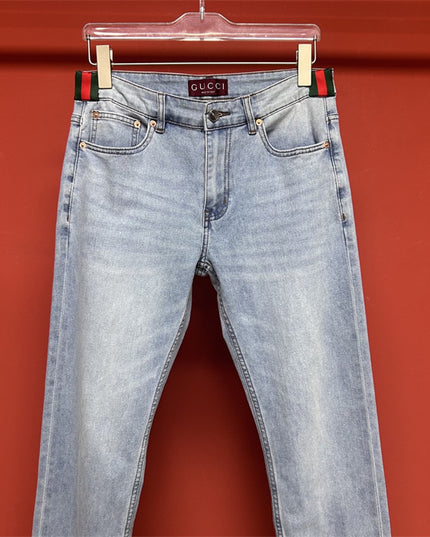 Gucci Light Wash Jeans with GG Cuff & Web Detail