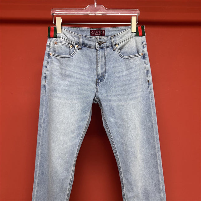 Gucci Light Wash Jeans with GG Cuff & Web Detail
