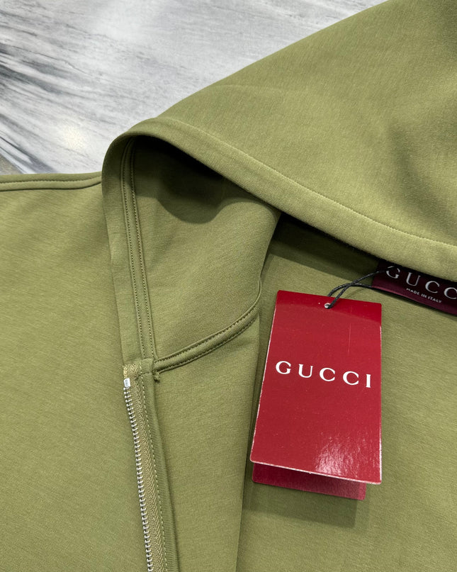 Gucci Logo‑Embroidered Cotton‑Blend Jersey Hoodie (Army Green)