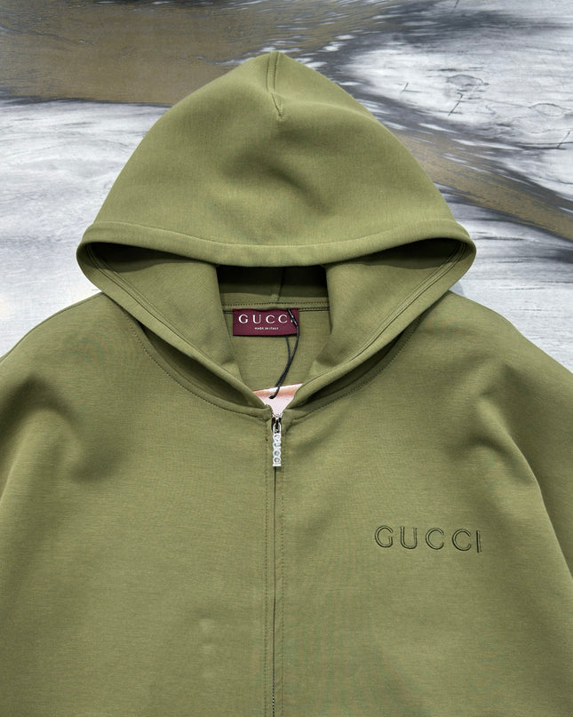 Gucci Logo‑Embroidered Cotton‑Blend Jersey Hoodie (Army Green)
