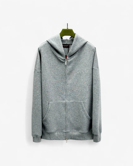 Gucci Logo‑Embroidered Zip Hoodie in Light Grey