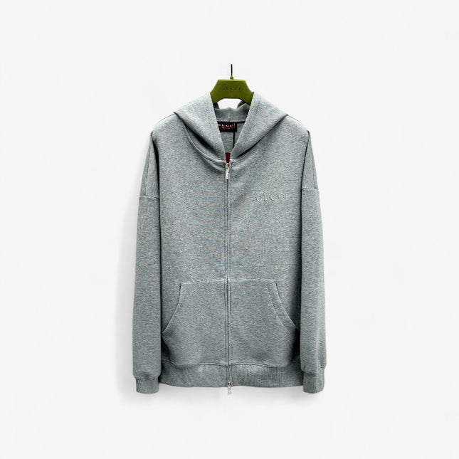 Gucci Logo‑Embroidered Zip Hoodie in Light Grey
