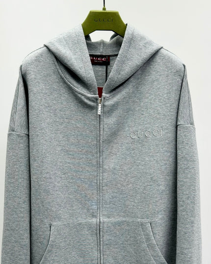 Gucci Logo‑Embroidered Zip Hoodie in Light Grey