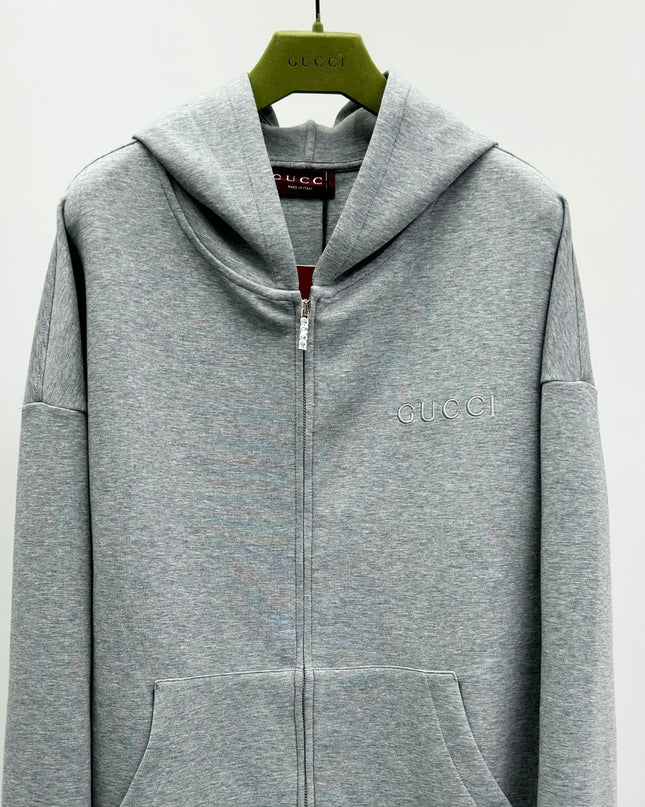 Gucci Logo‑Embroidered Zip Hoodie in Light Grey