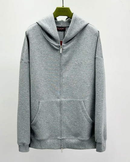 Gucci Logo‑Embroidered Zip Hoodie in Light Grey