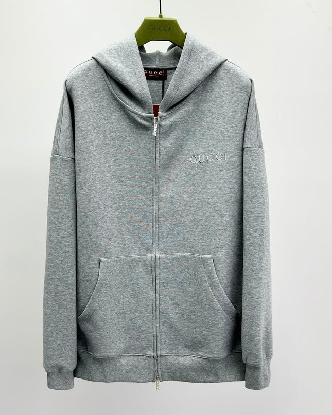 Gucci Logo‑Embroidered Zip Hoodie in Light Grey
