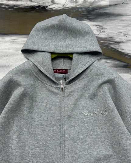 Gucci Logo‑Embroidered Zip Hoodie in Light Grey