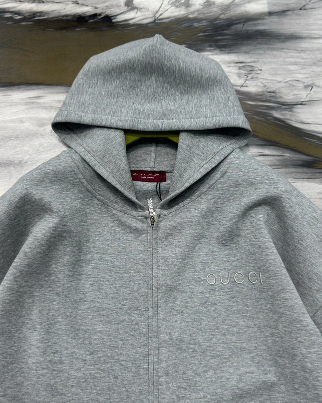 Gucci Logo‑Embroidered Zip Hoodie in Light Grey