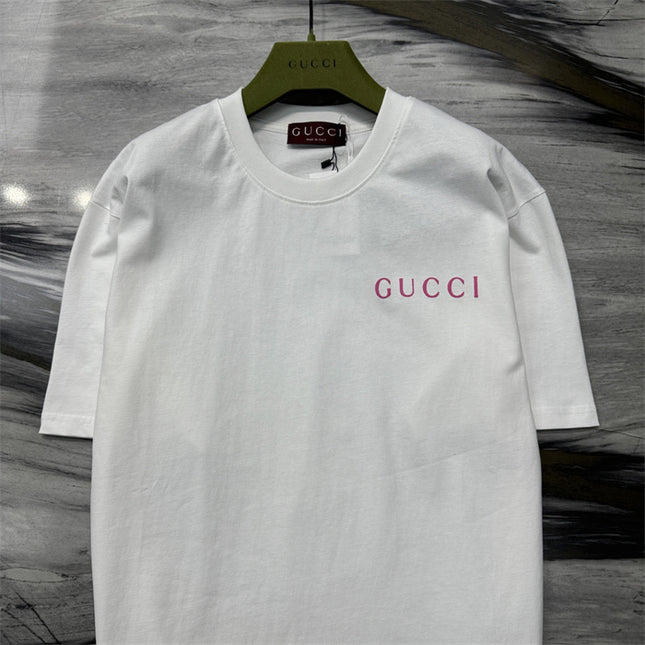 Gucci Logo‑Print Cotton‑Jersey T‑Shirt in White and Pink