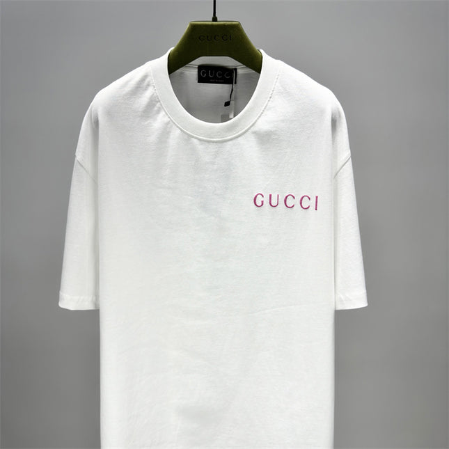 Gucci Logo‑Print Cotton‑Jersey T‑Shirt in White and Pink