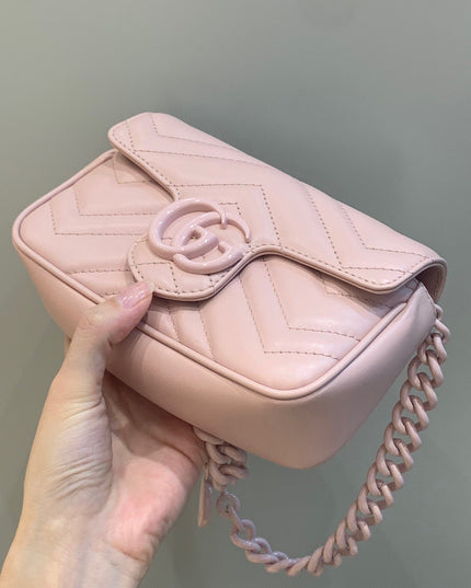 Gucci Marmont Belt Bag 699757 – Nude Rose Matelassé Leather with Chain Belt